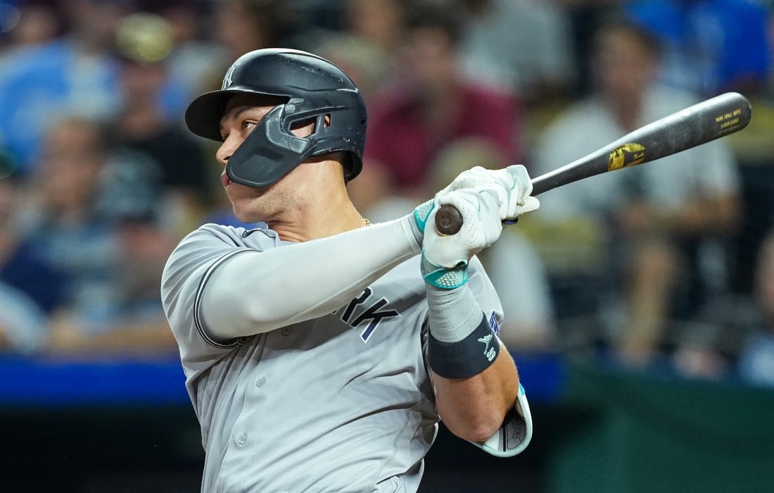 Sep 30, 2023; Kansas City, Missouri, USA; New York Yankees designated hitter Aaron Judge (99) bats during the eighth inning against the Kansas City Royals at Kauffman Stadium. Mandatory Credit: Jay Biggerstaff-USA TODAY Sports