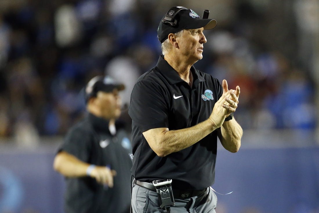 Oct 13, 2023; Memphis, Tennessee, USA; Tulane Green Wave head coach Willie Fritz watches from the sideline during the second half at Simmons Bank Liberty Stadium. Mandatory Credit: Petre Thomas-USA TODAY Sports