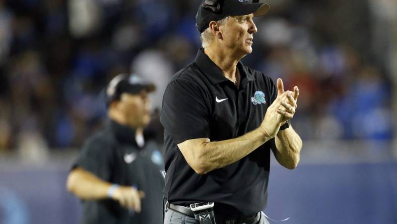 Oct 13, 2023; Memphis, Tennessee, USA; Tulane Green Wave head coach Willie Fritz watches from the sideline during the second half at Simmons Bank Liberty Stadium. Mandatory Credit: Petre Thomas-USA TODAY Sports