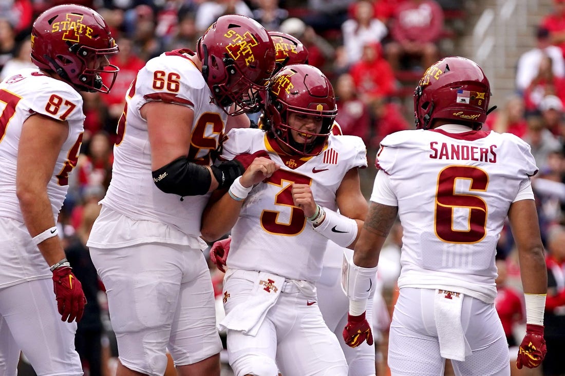 Iowa State Cyclones quarterback Rocco Becht (3) celebrates a touchdown score in the second quarter during a college football game between the Iowa State Cyclones and the Cincinnati Bearcats Saturday, Oct. 14, 2023, at Nippert Stadium win Cincinnati.