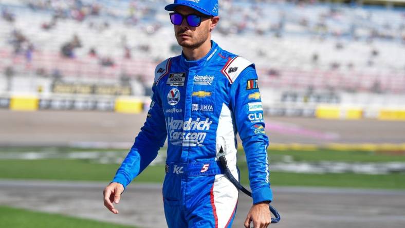 Oct 14, 2023; Las Vegas, Nevada, USA; NASCAR Cup Series driver Kyle Larson (5) during qualifying for the South Point 400 at Las Vegas Motor Speedway. Mandatory Credit: Gary A. Vasquez-USA TODAY Sports