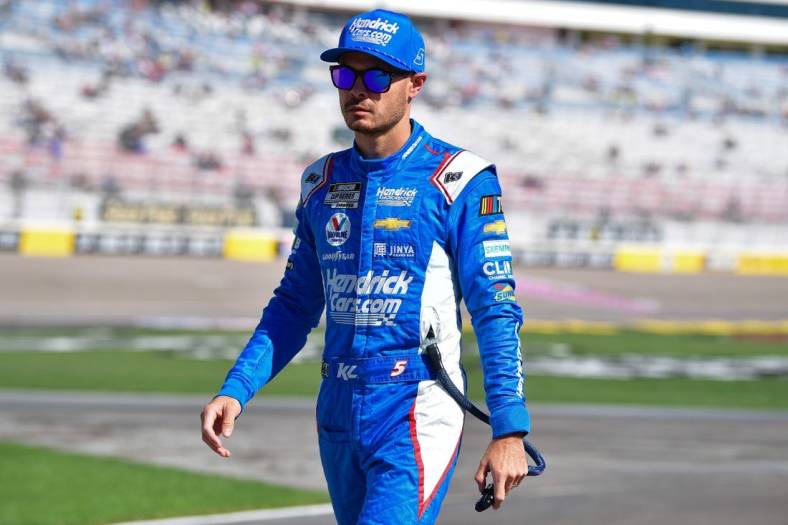 Oct 14, 2023; Las Vegas, Nevada, USA; NASCAR Cup Series driver Kyle Larson (5) during qualifying for the South Point 400 at Las Vegas Motor Speedway. Mandatory Credit: Gary A. Vasquez-USA TODAY Sports