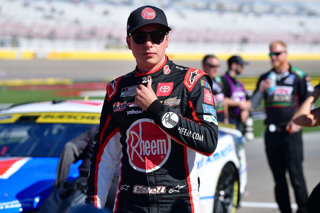 Oct 14, 2023; Las Vegas, Nevada, USA; NASCAR Cup Series driver Christopher Bell (20) during qualifying for the South Point 400 at Las Vegas Motor Speedway. Mandatory Credit: Gary A. Vasquez-USA TODAY Sports