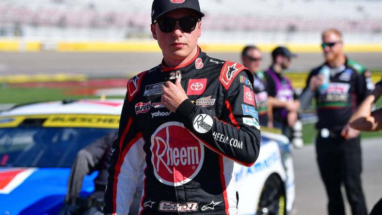 Oct 14, 2023; Las Vegas, Nevada, USA; NASCAR Cup Series driver Christopher Bell (20) during qualifying for the South Point 400 at Las Vegas Motor Speedway. Mandatory Credit: Gary A. Vasquez-USA TODAY Sports