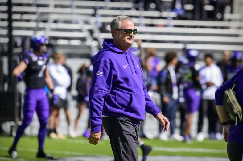 Oct 14, 2023; Fort Worth, Texas, USA; TCU Horned Frogs head coach Sonny Dykes walks the field before the game between the TCU Horned Frogs and the Brigham Young Cougars at Amon G. Carter Stadium. Mandatory Credit: Jerome Miron-USA TODAY Sports