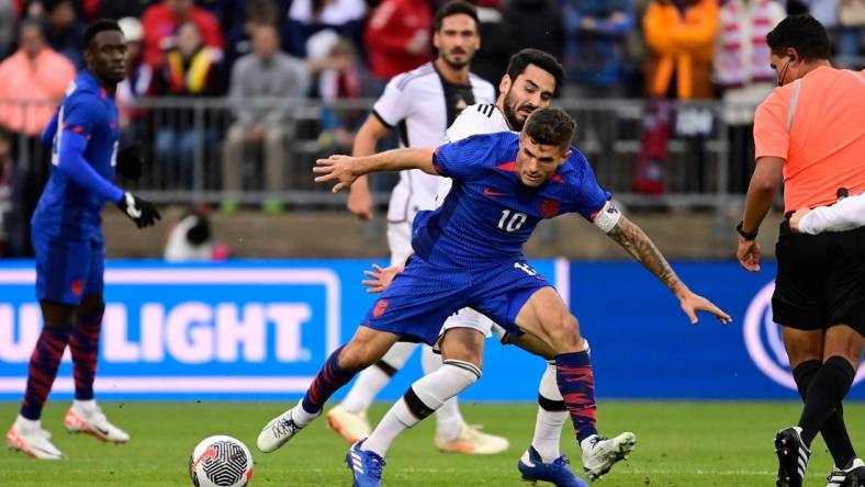 Oct 14, 2023; East Hartford, Connecticut, USA; United States forward Christian Pulisic (10) controls the ball against against the German national team during the first half at Pratt & Whitney Stadium. Mandatory Credit: Eric Canha-USA TODAY Sports