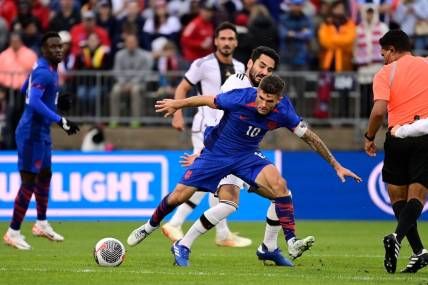 Oct 14, 2023; East Hartford, Connecticut, USA; United States forward Christian Pulisic (10) controls the ball against against the German national team during the first half at Pratt & Whitney Stadium. Mandatory Credit: Eric Canha-USA TODAY Sports