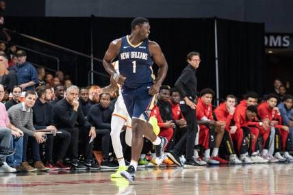 Oct 14, 2023; College Park, Georgia, USA; New Orleans Pelicans forward Zion Williamson (1) runs down court against the Atlanta Hawks during the first quarter at Gateway Center Arena at College Park. Mandatory Credit: Jordan Godfree-USA TODAY Sports