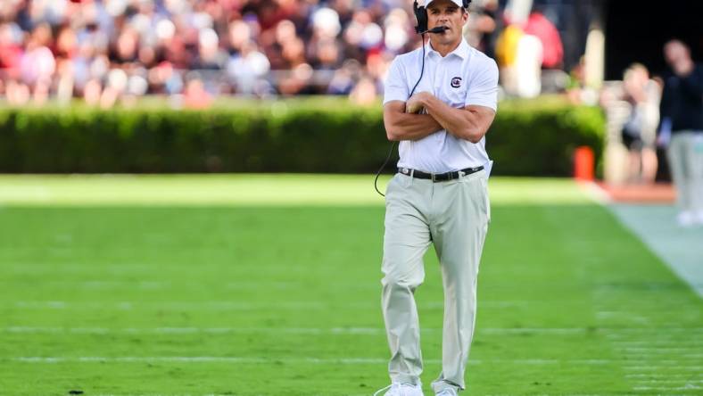 Oct 14, 2023; Columbia, South Carolina, USA; South Carolina Gamecocks head coach Shane Beamer directs his team against the Florida Gators in the second quarter at Williams-Brice Stadium. Mandatory Credit: Jeff Blake-USA TODAY Sports