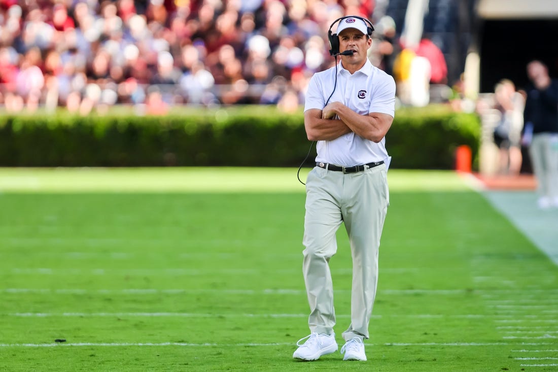 Oct 14, 2023; Columbia, South Carolina, USA; South Carolina Gamecocks head coach Shane Beamer directs his team against the Florida Gators in the second quarter at Williams-Brice Stadium. Mandatory Credit: Jeff Blake-USA TODAY Sports