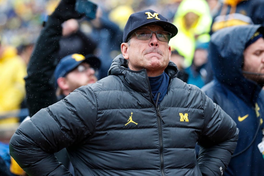 Michigan coach Jim Harbaugh looks on before running onto the field during the second half of U-M's 52-7 win over Indiana on Saturday, Oct. 14, 2023, in Ann Arbor.