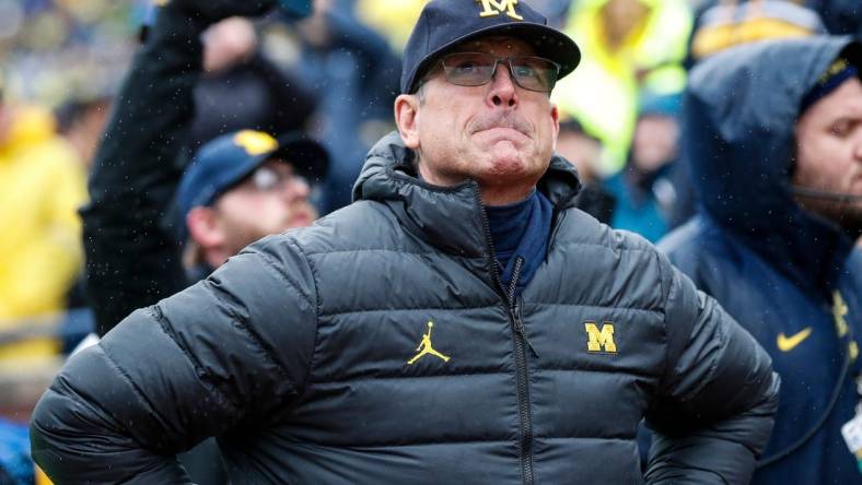 Michigan coach Jim Harbaugh looks on before running onto the field during the second half of U-M's 52-7 win over Indiana on Saturday, Oct. 14, 2023, in Ann Arbor.