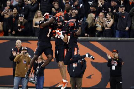 Oct 14, 2023; Corvallis, Oregon, USA; Oregon State Beavers tight end Jack Velling (88) celebrates with teammates after scoring a touchdown during the first half against the UCLA Bruins at Reser Stadium. Mandatory Credit: Soobum Im-USA TODAY Sports