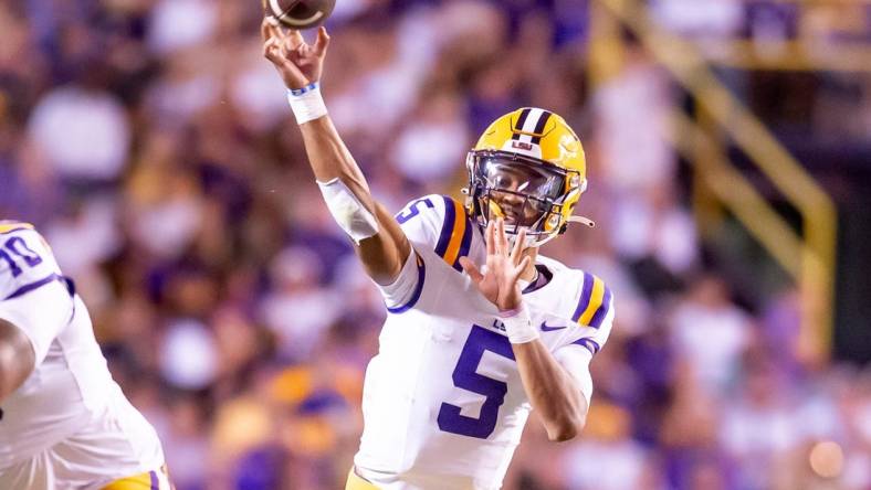 Tigers Quarterback Jayden Daniels 5 throws a pass as the LSU Tigers take on the Auburn Tigers at Tiger Stadium in Baton Rouge, Louisiana, Saturday, Oct. 14, 2023.