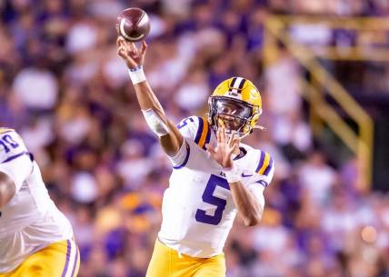 Tigers Quarterback Jayden Daniels 5 throws a pass as the LSU Tigers take on the Auburn Tigers at Tiger Stadium in Baton Rouge, Louisiana, Saturday, Oct. 14, 2023.