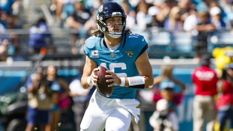 Oct 15, 2023; Jacksonville, Florida, USA; Jacksonville Jaguars quarterback Trevor Lawrence (16) makes a throw against the Indianapolis Colts during the first quarter at EverBank Stadium. Mandatory Credit: Morgan Tencza-USA TODAY Sports