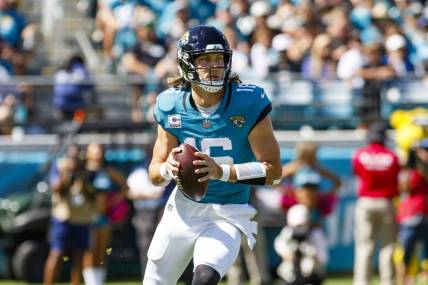 Oct 15, 2023; Jacksonville, Florida, USA; Jacksonville Jaguars quarterback Trevor Lawrence (16) makes a throw against the Indianapolis Colts during the first quarter at EverBank Stadium. Mandatory Credit: Morgan Tencza-USA TODAY Sports