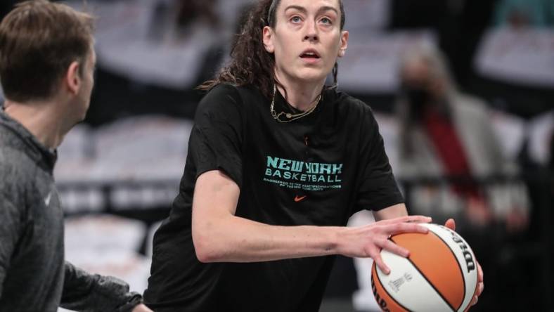 Oct 15, 2023; Brooklyn, New York, USA; New York Liberty forward Breanna Stewart (30) warms up prior to game three of the 2023 WNBA Finals against the Las Vegas Aces at Barclays Center. Mandatory Credit: Wendell Cruz-USA TODAY Sports