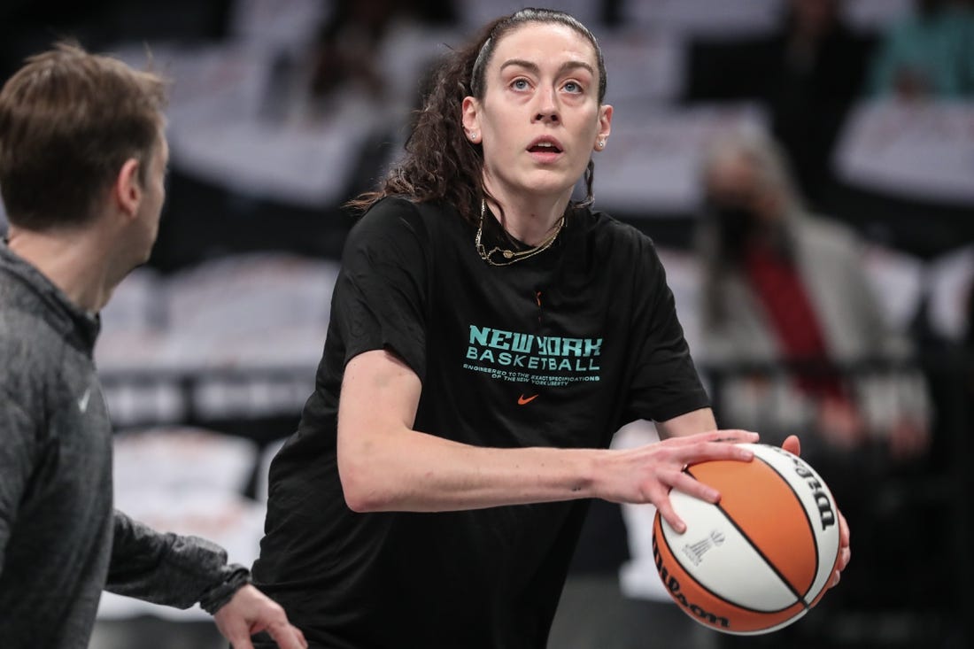 Oct 15, 2023; Brooklyn, New York, USA; New York Liberty forward Breanna Stewart (30) warms up prior to game three of the 2023 WNBA Finals against the Las Vegas Aces at Barclays Center. Mandatory Credit: Wendell Cruz-USA TODAY Sports