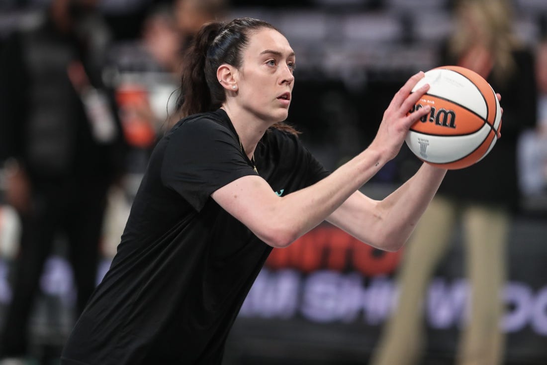 Oct 15, 2023; Brooklyn, New York, USA; New York Liberty forward Breanna Stewart (30) warms up prior to game three of the 2023 WNBA Finals against the Las Vegas Aces at Barclays Center. Mandatory Credit: Wendell Cruz-USA TODAY Sports