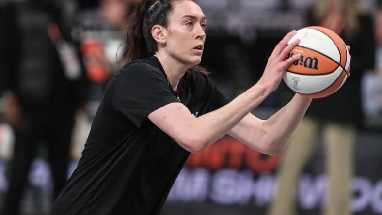 Oct 15, 2023; Brooklyn, New York, USA; New York Liberty forward Breanna Stewart (30) warms up prior to game three of the 2023 WNBA Finals against the Las Vegas Aces at Barclays Center. Mandatory Credit: Wendell Cruz-USA TODAY Sports