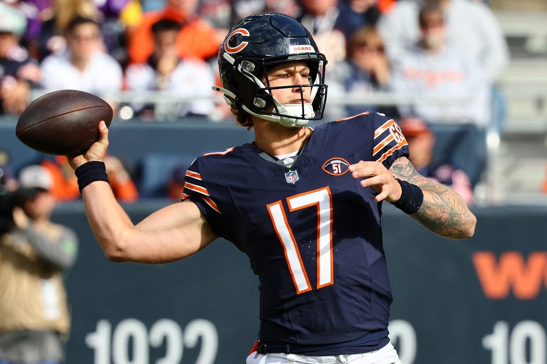 Oct 15, 2023; Chicago, Illinois, USA; Chicago Bears quarterback Tyson Bagent (17) drops back to pass against the Minnesota Vikings during the second half at Soldier Field. Mandatory Credit: Mike Dinovo-USA TODAY Sports