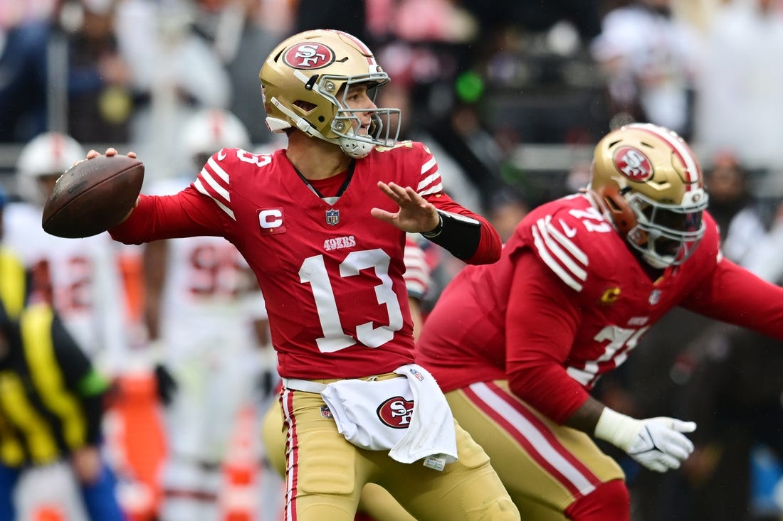 Oct 15, 2023; Cleveland, Ohio, USA; San Francisco 49ers quarterback Brock Purdy (13) throws a pass during the first half against the Cleveland Browns at Cleveland Browns Stadium. Mandatory Credit: Ken Blaze-USA TODAY Sports