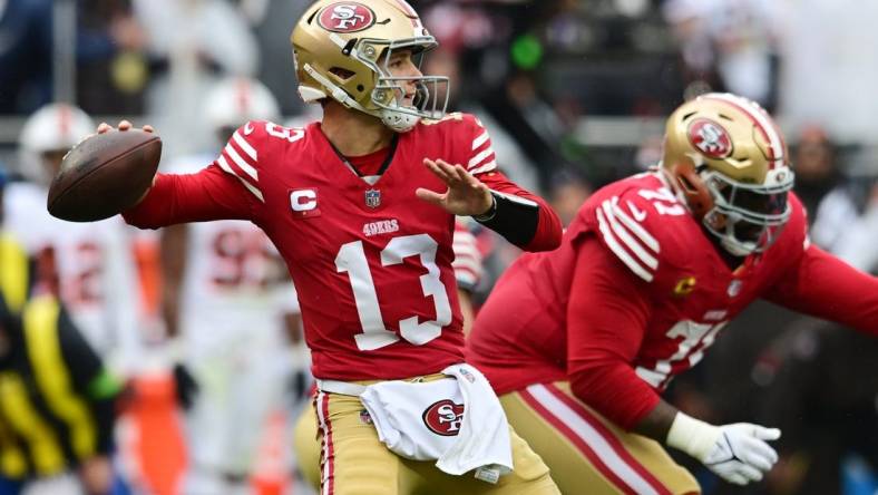 Oct 15, 2023; Cleveland, Ohio, USA; San Francisco 49ers quarterback Brock Purdy (13) throws a pass during the first half against the Cleveland Browns at Cleveland Browns Stadium. Mandatory Credit: Ken Blaze-USA TODAY Sports