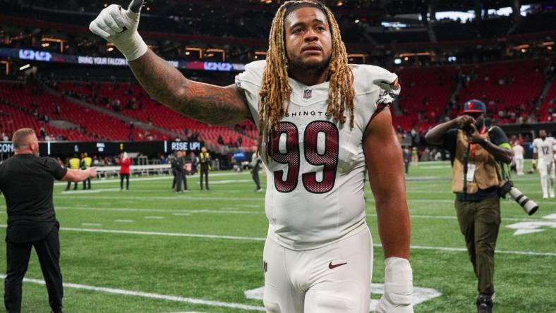 Oct 15, 2023; Atlanta, Georgia, USA; Washington Commanders defensive end Chase Young (99) reacts after a game against the Atlanta Falcons at Mercedes-Benz Stadium. Mandatory Credit: Brett Davis-USA TODAY Sports