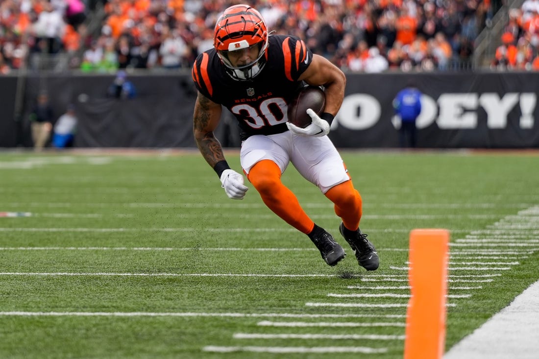 Cincinnati Bengals running back Chase Brown (30) eyes the end zone after catching a pass in the second quarter of the NFL Week 6 game between the Cincinnati Bengals and the Seattle Seahawks at Paycor Stadium in downtown Cincinnati on Sunday, Oct. 15, 2023.
