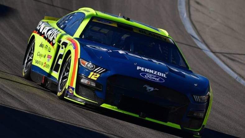 Oct 15, 2023; Las Vegas, Nevada, USA; NASCAR Cup Series driver Ryan Blaney (12) during the South Point 400 at Las Vegas Motor Speedway. Mandatory Credit: Gary A. Vasquez-USA TODAY Sports