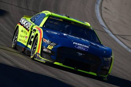 Oct 15, 2023; Las Vegas, Nevada, USA; NASCAR Cup Series driver Ryan Blaney (12) during the South Point 400 at Las Vegas Motor Speedway. Mandatory Credit: Gary A. Vasquez-USA TODAY Sports