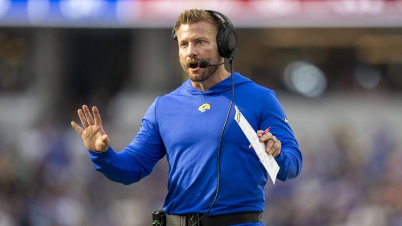 October 15, 2023; Inglewood, California, USA; Los Angeles Rams head coach Sean McVay argues with the referee during the fourth quarter against the Arizona Cardinals at SoFi Stadium. Mandatory Credit: Kyle Terada-USA TODAY Sports