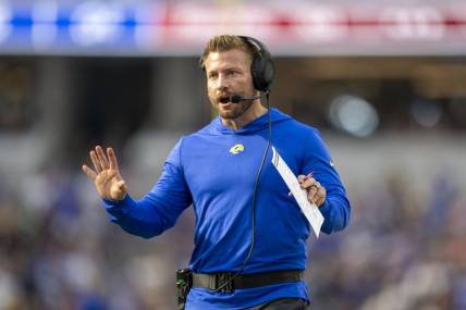 October 15, 2023; Inglewood, California, USA; Los Angeles Rams head coach Sean McVay argues with the referee during the fourth quarter against the Arizona Cardinals at SoFi Stadium. Mandatory Credit: Kyle Terada-USA TODAY Sports