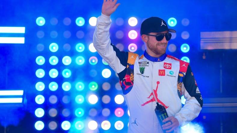 Oct 15, 2023; Las Vegas, Nevada, USA; NASCAR Cup Series driver Tyler Reddick (45) is introduced before the South Point 400 at Las Vegas Motor Speedway. Mandatory Credit: Gary A. Vasquez-USA TODAY Sports