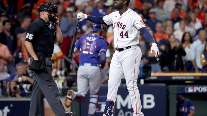 Oct 15, 2023; Houston, Texas, USA; Houston Astros left fielder Yordan Alvarez (44) reacts after a strikeout during the third inning of game one of the ALCS against the Texas Rangers in the 2023 MLB playoffs at Minute Maid Park. Mandatory Credit: Troy Taormina-USA TODAY Sports