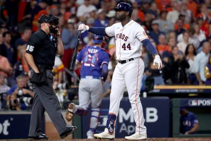 Oct 15, 2023; Houston, Texas, USA; Houston Astros left fielder Yordan Alvarez (44) reacts after a strikeout during the third inning of game one of the ALCS against the Texas Rangers in the 2023 MLB playoffs at Minute Maid Park. Mandatory Credit: Troy Taormina-USA TODAY Sports
