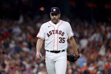 Oct 15, 2023; Houston, Texas, USA; Houston Astros pitcher Justin Verlander (35) reacts after giving up a home run to Texas Rangers center fielder Leody Taveras (not pictured) during the fifth inning of game one of the ALCS in the 2023 MLB playoffs at Minute Maid Park. Mandatory Credit: Troy Taormina-USA TODAY Sports