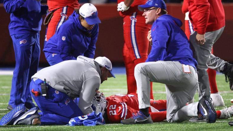 Buffalo Bills running back Damien Harris (22) was taken off the field on a backboard and in an ambulance after taking a hit against the Giants.