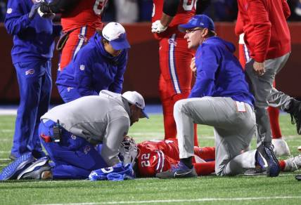 Buffalo Bills running back Damien Harris (22) was taken off the field on a backboard and in an ambulance after taking a hit against the Giants.