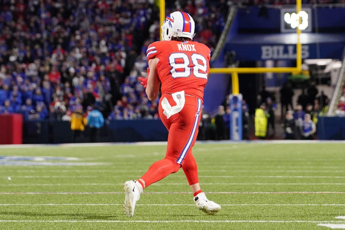 Oct 15, 2023; Orchard Park, New York, USA; Buffalo Bills tight end Dawson Knox (88) makes a catch against the New York Giants during the second half at Highmark Stadium. Mandatory Credit: Gregory Fisher-USA TODAY Sports