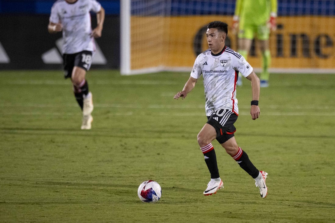 Oct 14, 2023; Frisco, TX, USA; FC Dallas forward Alan Velasco (20) in action during the game between FC Dallas and the Colorado Rapids at Toyota Stadium. Mandatory Credit: Jerome Miron-USA TODAY Sports