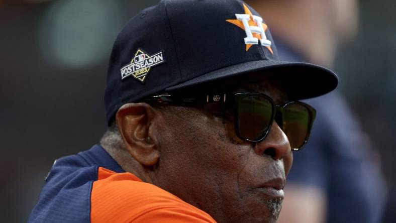 Oct 16, 2023; Houston, Texas, USA; Houston Astros manager Dusty Baker Jr. (12) looks on in the third inning against the Texas Rangers during game two of the ALCS for the 2023 MLB playoffs at Minute Maid Park. Mandatory Credit: Thomas Shea-USA TODAY Sports