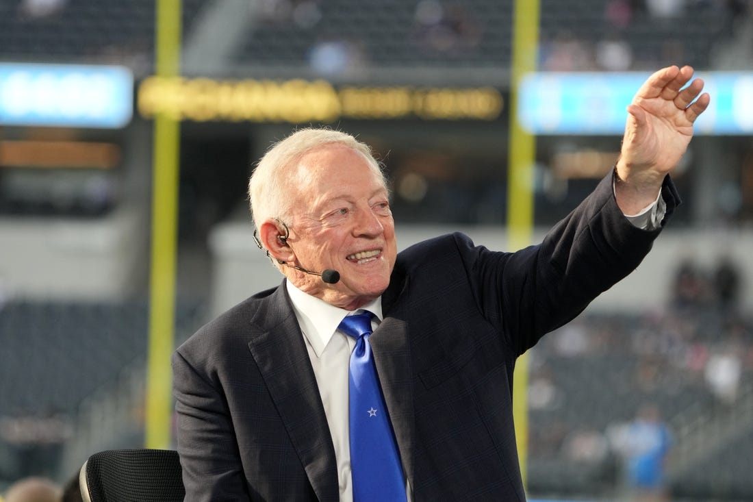 Oct 16, 2023; Inglewood, California, USA; Dallas Cowboys owner Jerry Jones on the ESPN Monday Night Football Countdown set at SoFi Stadium. Mandatory Credit: Kirby Lee-USA TODAY Sports