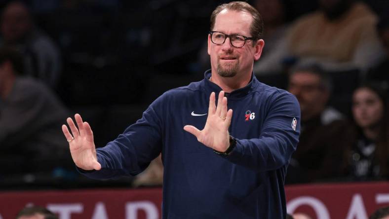 Oct 16, 2023; Brooklyn, New York, USA; Philadelphia 76ers head coach Nick Nurse reacts during the second half against the Brooklyn Nets at Barclays Center. Mandatory Credit: Vincent Carchietta-USA TODAY Sports