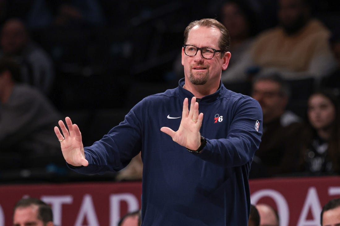 Oct 16, 2023; Brooklyn, New York, USA; Philadelphia 76ers head coach Nick Nurse reacts during the second half against the Brooklyn Nets at Barclays Center. Mandatory Credit: Vincent Carchietta-USA TODAY Sports