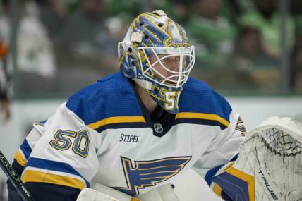 Oct 12, 2023; Dallas, Texas, USA; St. Louis Blues goaltender Jordan Binnington (50) in action during the game between the Dallas Stars and the St. Louis Blues  at the American Airlines Center. Mandatory Credit: Jerome Miron-USA TODAY Sports