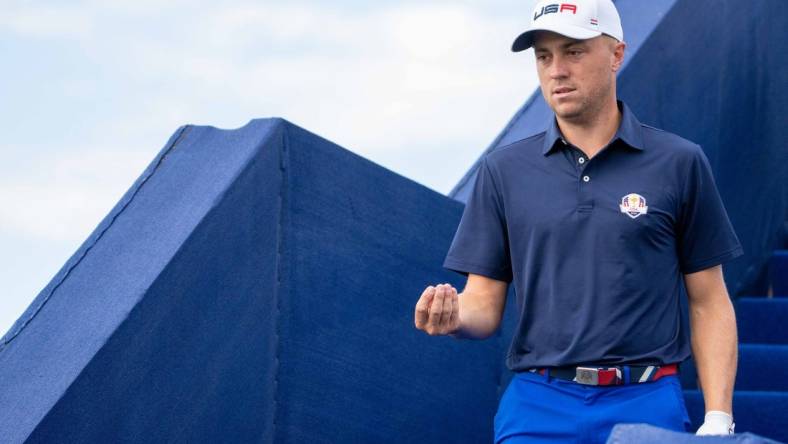 September 25, 2023; Rome, ITALY; Team USA golfer Justin Thomas jokes while walking to the driving range prior to the start of the Ryder Cup golf competition at Marco Simone Golf and Country Club. Mandatory Credit: Kyle Terada-USA TODAY Sports