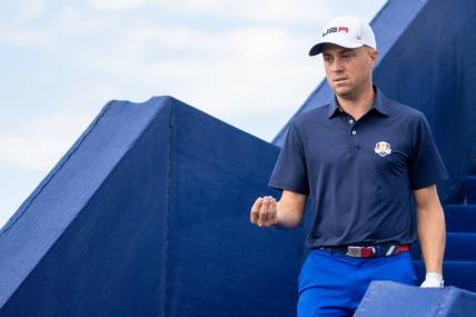 September 25, 2023; Rome, ITALY; Team USA golfer Justin Thomas jokes while walking to the driving range prior to the start of the Ryder Cup golf competition at Marco Simone Golf and Country Club. Mandatory Credit: Kyle Terada-USA TODAY Sports