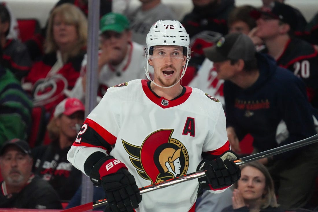 Oct 11, 2023; Raleigh, North Carolina, USA;  Ottawa Senators defenseman Thomas Chabot (72) reacts against the Carolina Hurricanes during the second period at PNC Arena. Mandatory Credit: James Guillory-USA TODAY Sports